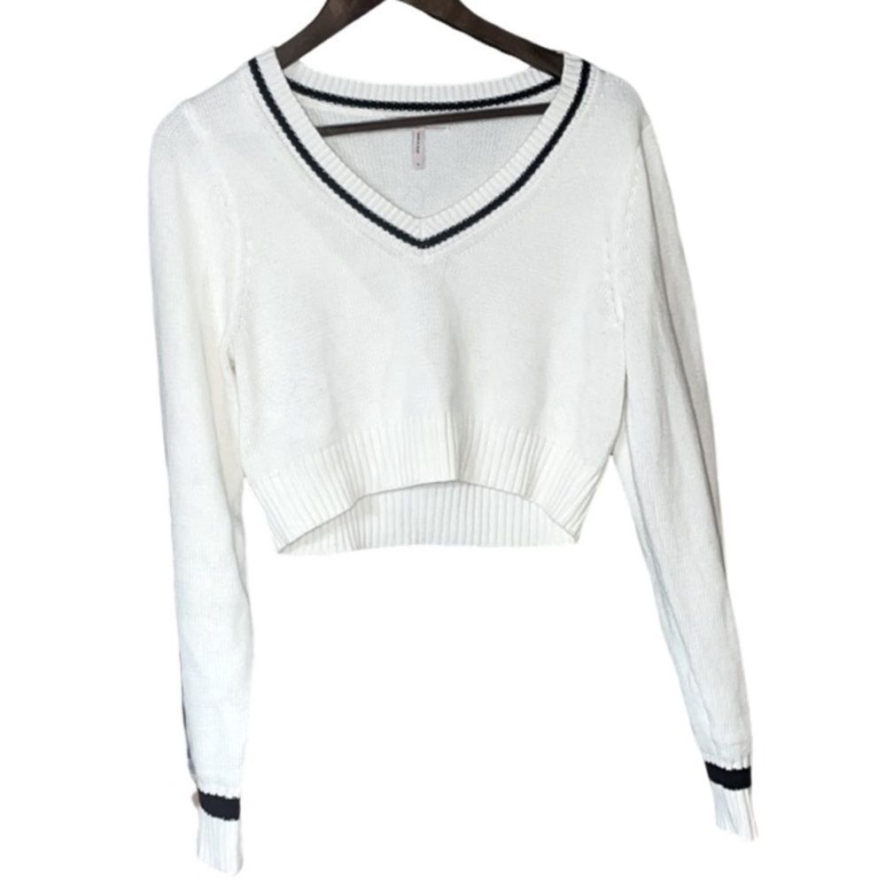 BCBG Knit Vneck Cropped Sweater Cream & Navy NWOT Preppy Sailor Nautical